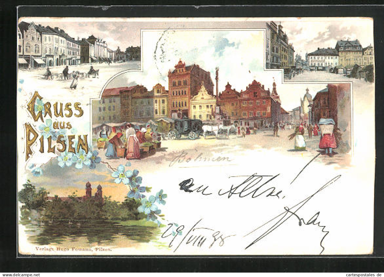 Lithographie Pilsen, Strassenpartie Mit Gebäudeansicht, Uferpartie Mit Kirche, Marktplatz  - Tchéquie