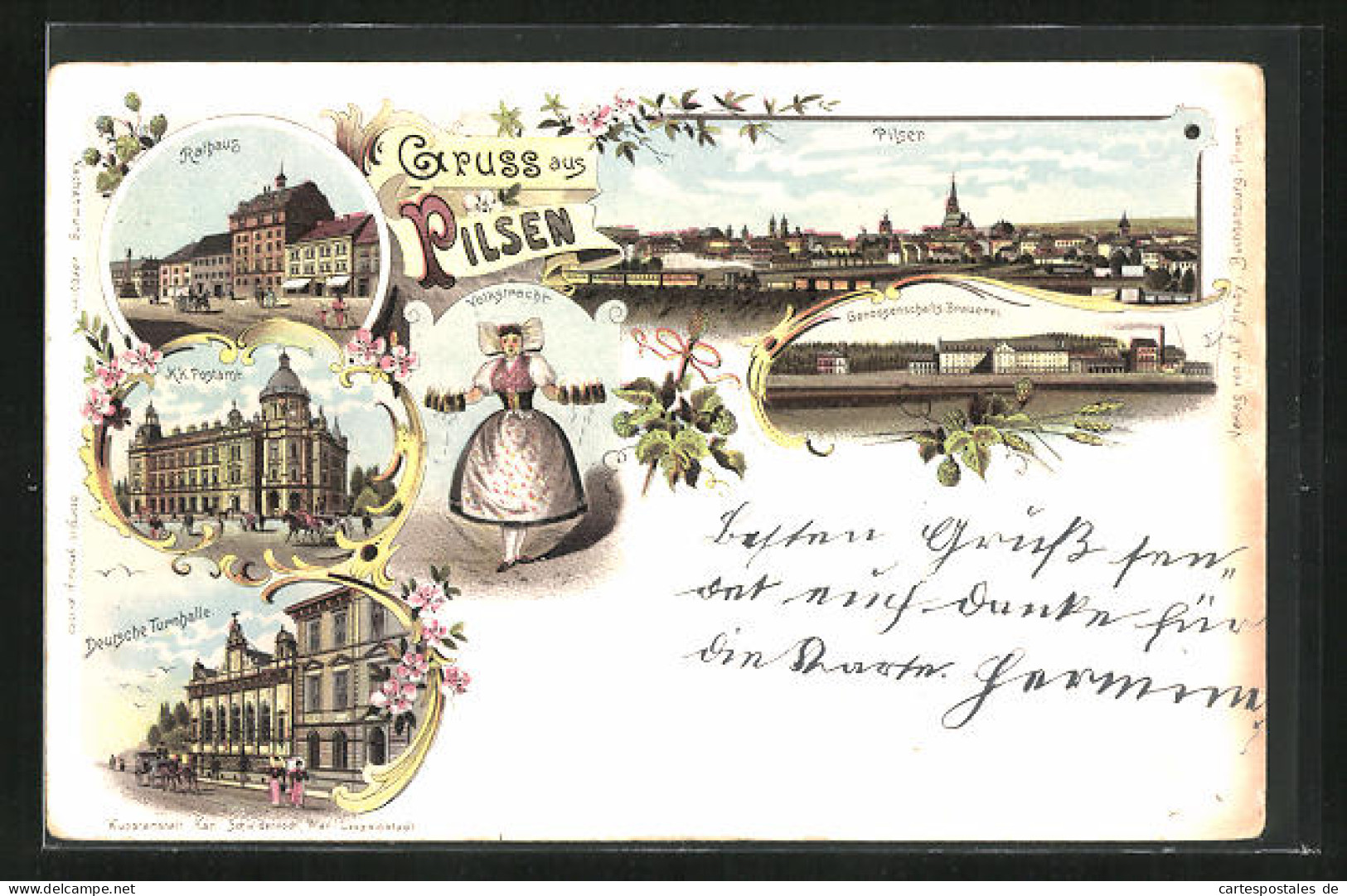 Lithographie Pilsen, Genossenschafts-Brauerei, Rathaus, K. K. Postamt  - Tschechische Republik