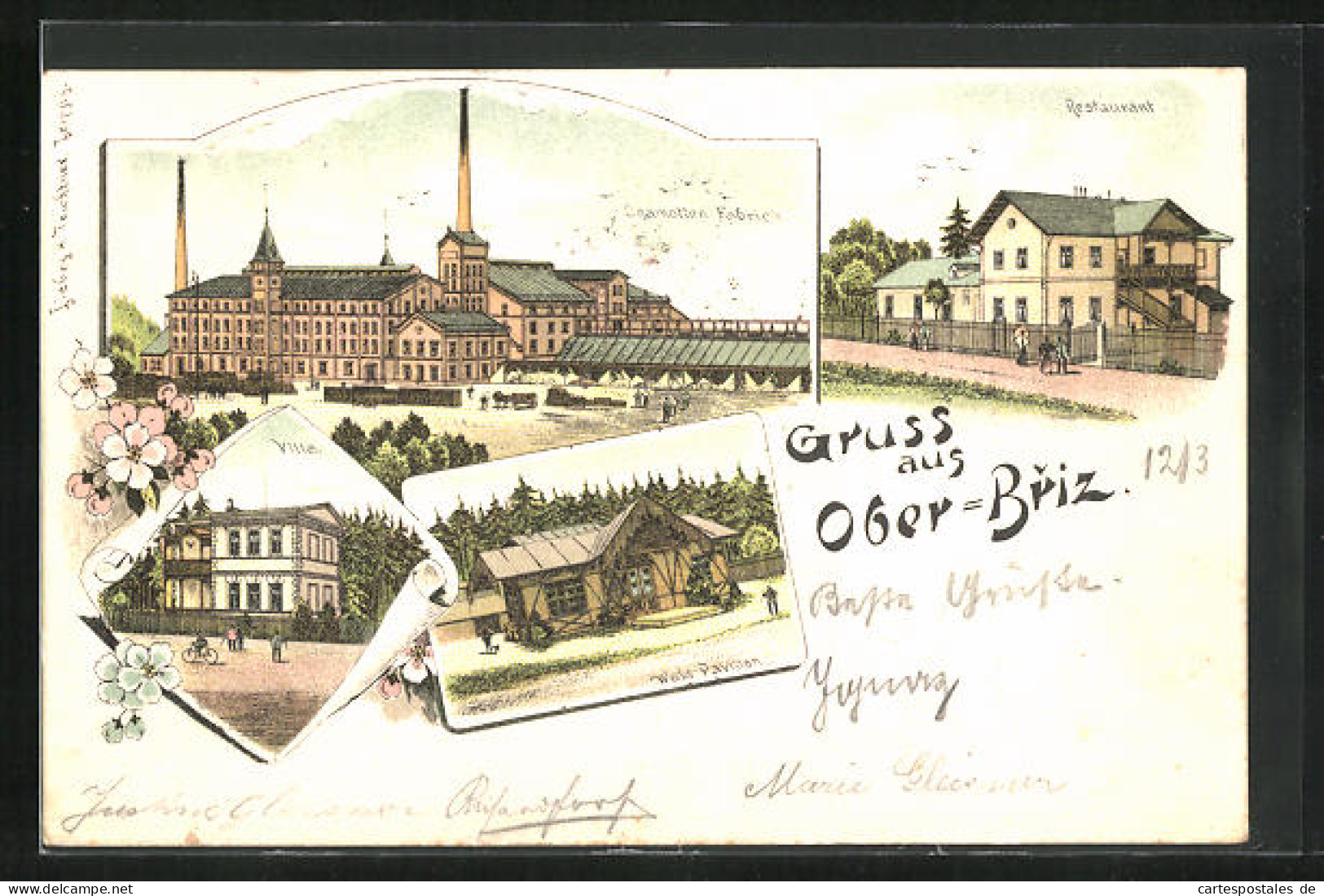 Lithographie Ober-Briz, Chamotten Fabrik, Restaurant, Wald Pavillon  - Tschechische Republik