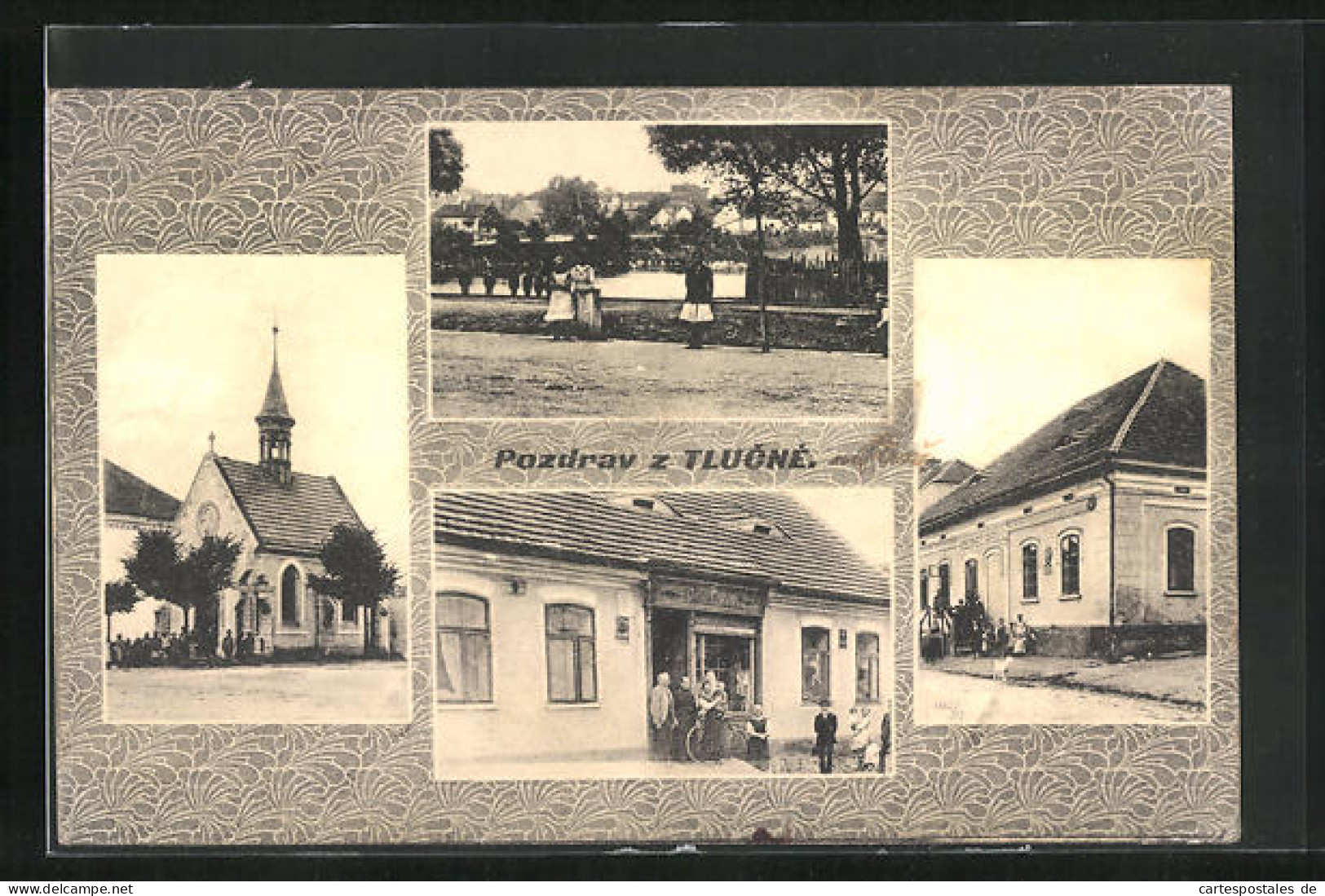 AK Tlucna, Kirche, Gasthaus, Geschäft  - Tschechische Republik