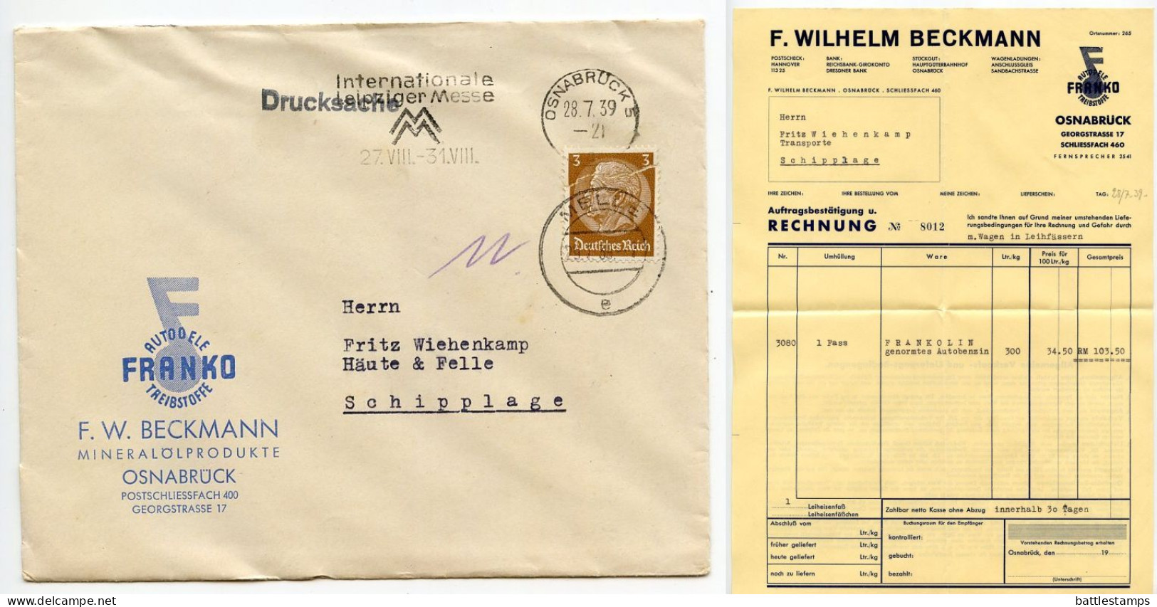 Germany 1939 Cover & Invoice; Osnabrück - F.W. Beckmann, Mineralölprodukte; 3pf. Hindenburg; Leipzig Fair Slogan Cancel - Brieven En Documenten