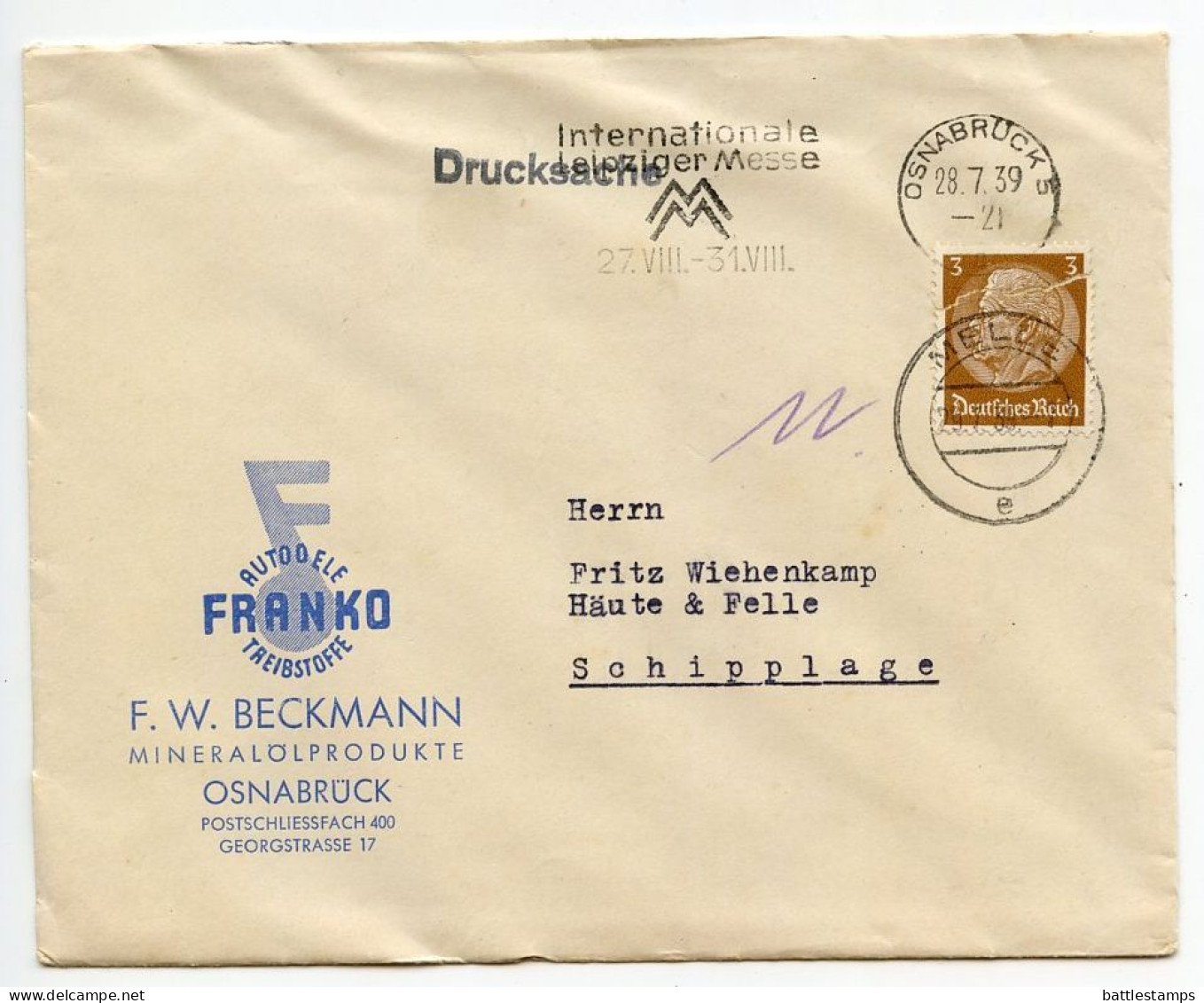 Germany 1939 Cover & Invoice; Osnabrück - F.W. Beckmann, Mineralölprodukte; 3pf. Hindenburg; Leipzig Fair Slogan Cancel - Briefe U. Dokumente