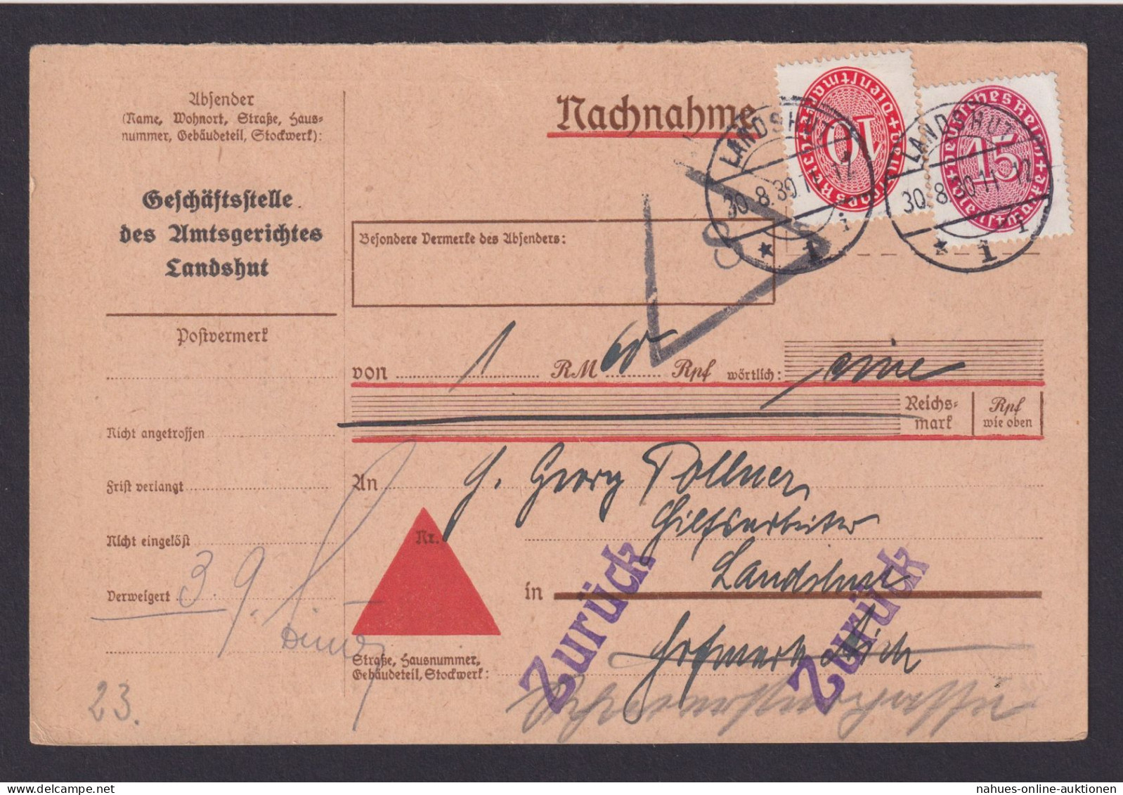 Deutsches Reich Dienst MIF 123 Ziffer Im Oval Landshut Nachnahme Amtsgericht - Dienstmarken