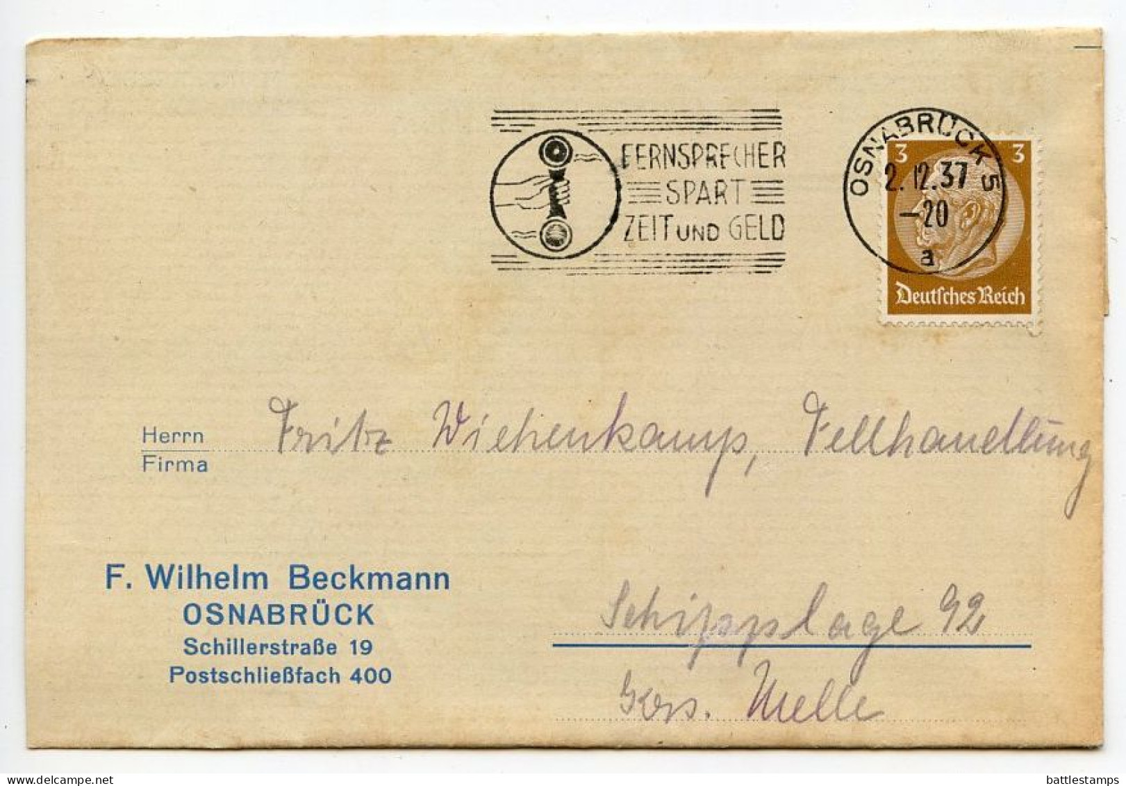 Germany 1937 Folded Zahlkarte & Invoice; Osnabrück - F. Wilhelm Beckmann; 3pf. Hindenburg; Telephone Slogan Cancel - Briefe U. Dokumente