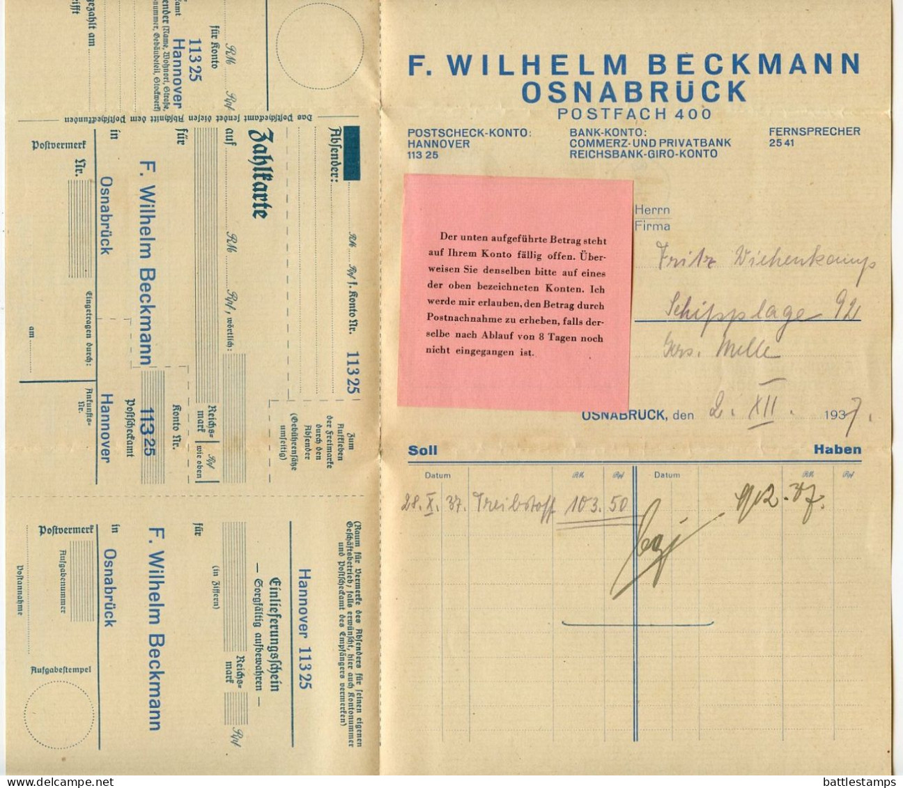 Germany 1937 Folded Zahlkarte & Invoice; Osnabrück - F. Wilhelm Beckmann; 3pf. Hindenburg; Telephone Slogan Cancel - Storia Postale