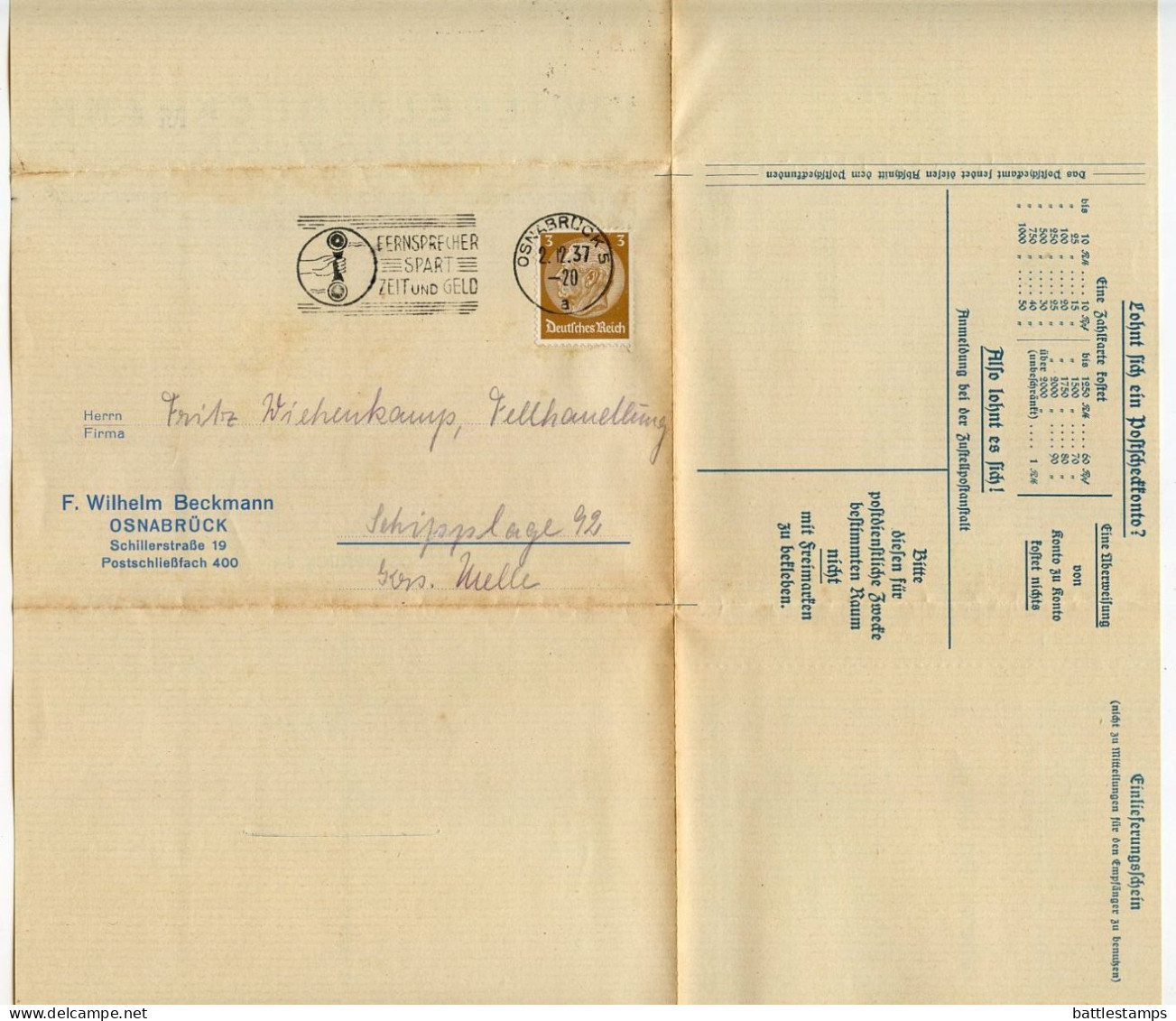 Germany 1937 Folded Zahlkarte & Invoice; Osnabrück - F. Wilhelm Beckmann; 3pf. Hindenburg; Telephone Slogan Cancel - Brieven En Documenten