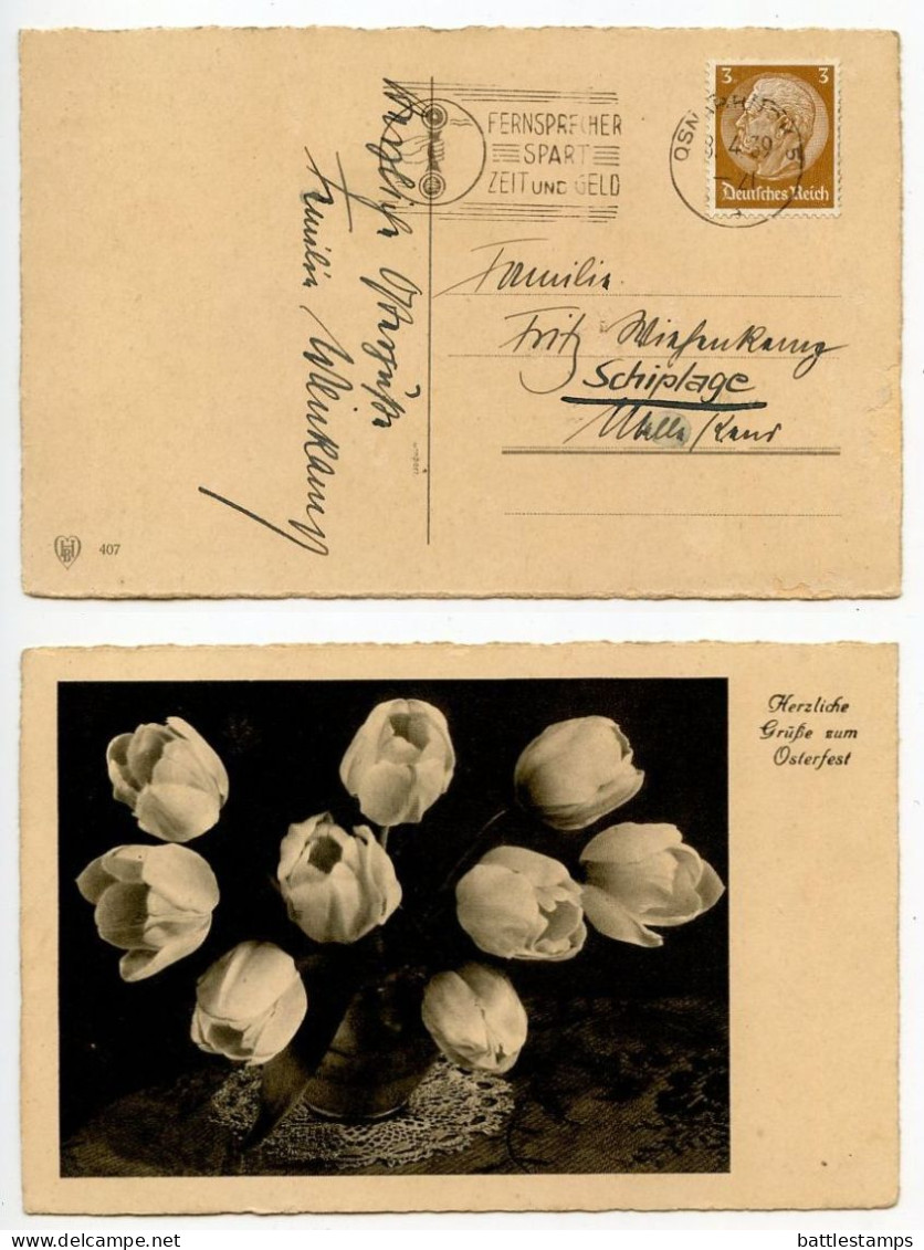 Germany 1939 Postcard - Osterfest / Easter Greetings & Tulips; Osnabrück Slogan Cancel; 3pf. Hindenburg Stamp - Easter