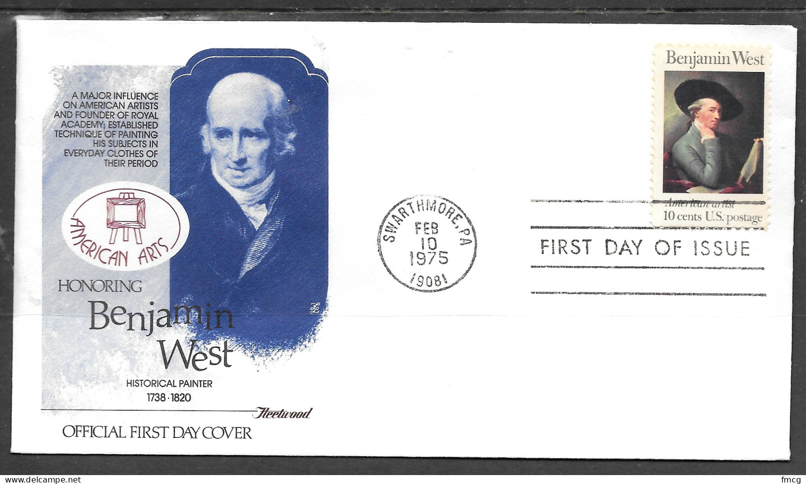 USA FDC Fleetwood Cachet, 1975 10 Cents Benjamin West - 1971-1980