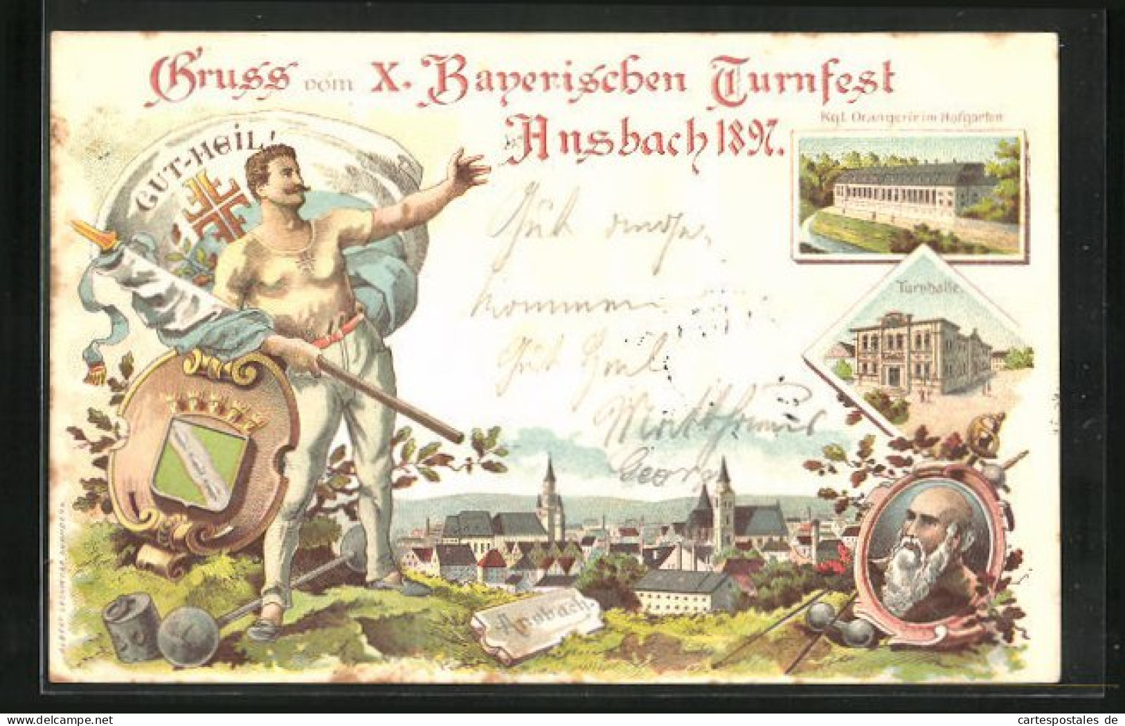 Lithographie Ansbach, X. Bayerisches Turnfest 1897, Turnhalle, Kgl. Orangerie  - Andere & Zonder Classificatie