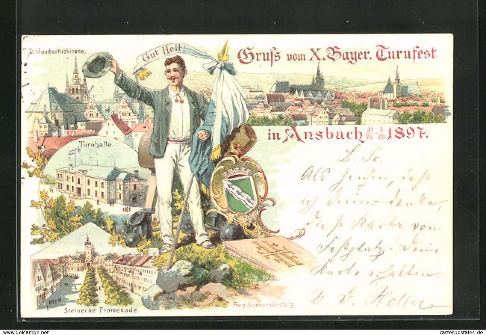 Lithographie Ansbach, X. Bayerisches Turnfest 1897, Turnhalle, Steinerne Promenade  - Sonstige & Ohne Zuordnung