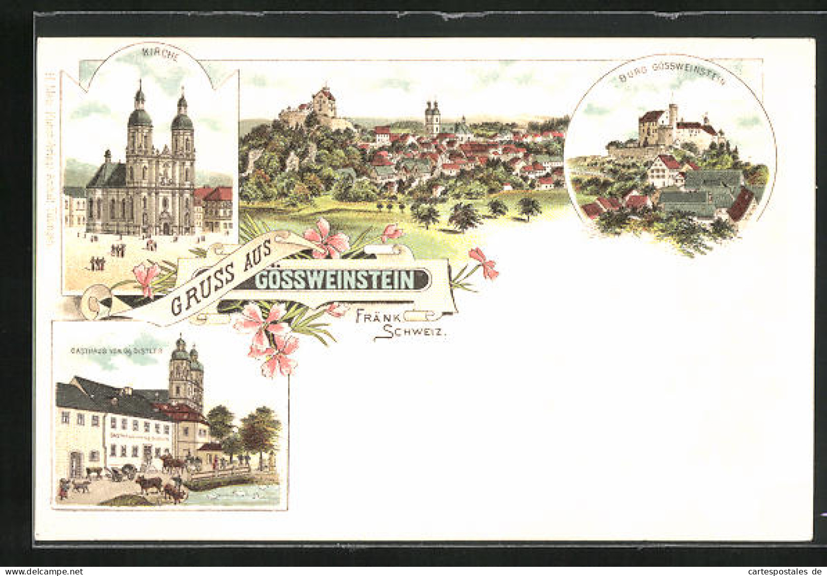 Lithographie Gössweinstein, Gasthaus Von Gg. Distler, Kirche, Burg Im Ort  - Sonstige & Ohne Zuordnung