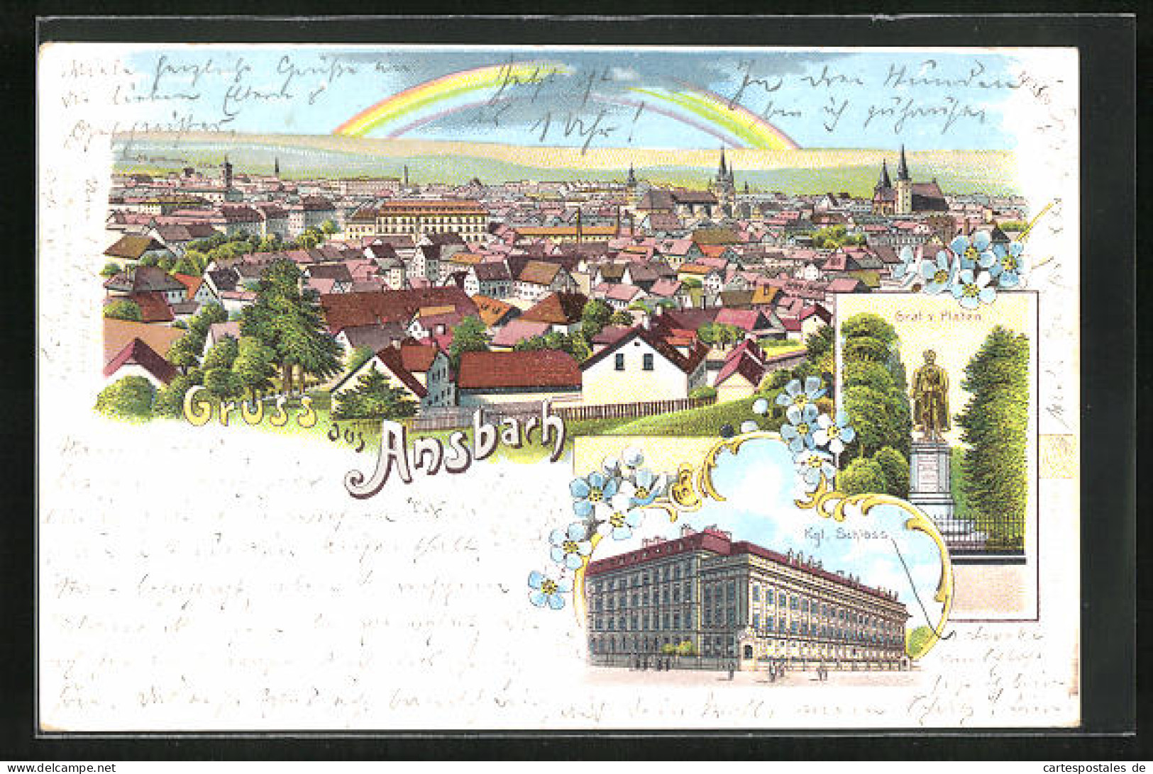 Lithographie Ansbach, Kgl. Schloss, Denkmal Graf Von Platen, Gesamtansicht Mit Regenbogen  - Regen