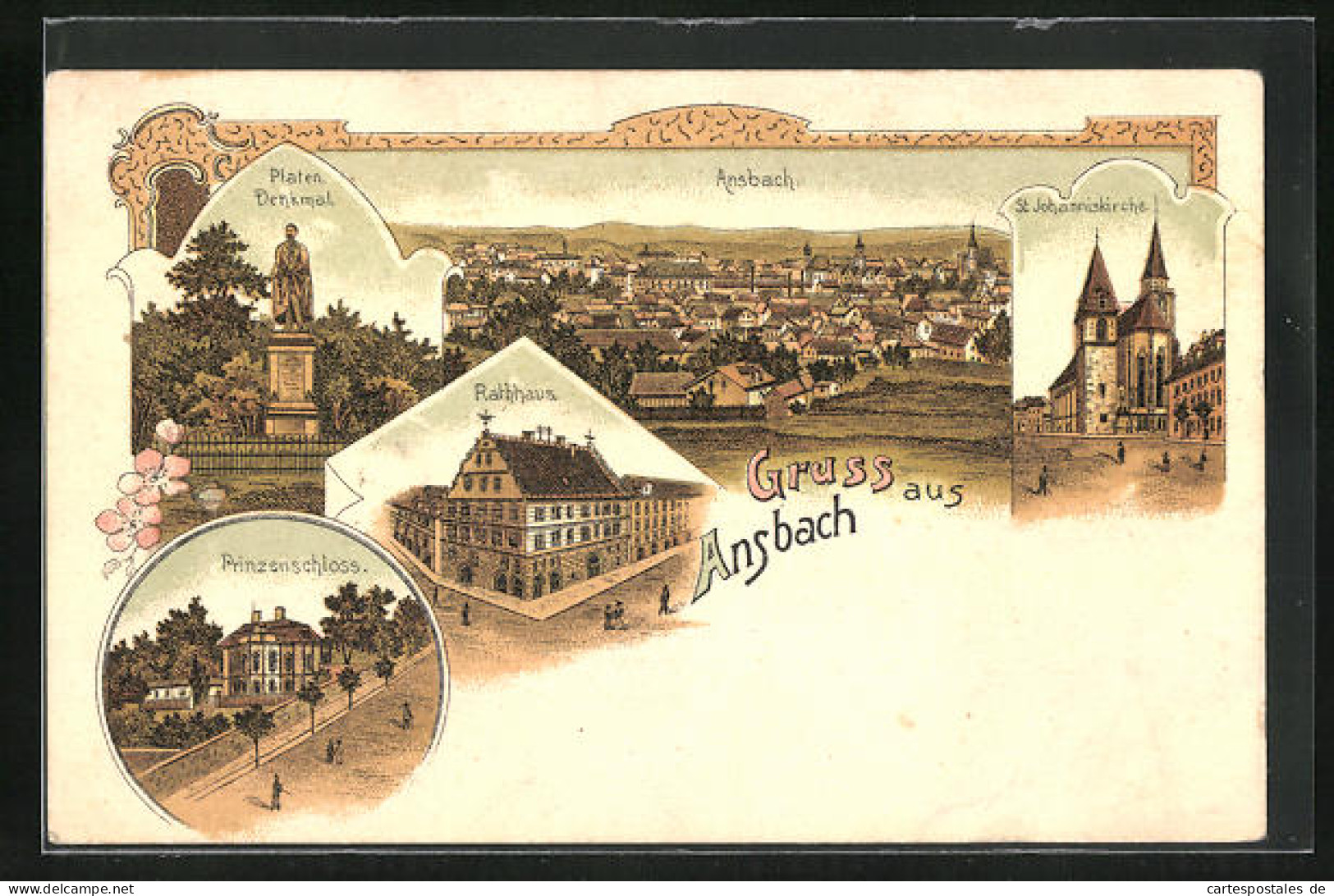 Lithographie Ansbach, Rathaus, Prinzenschloss, St. Johanniskirche, Platen Denkmal  - Ansbach