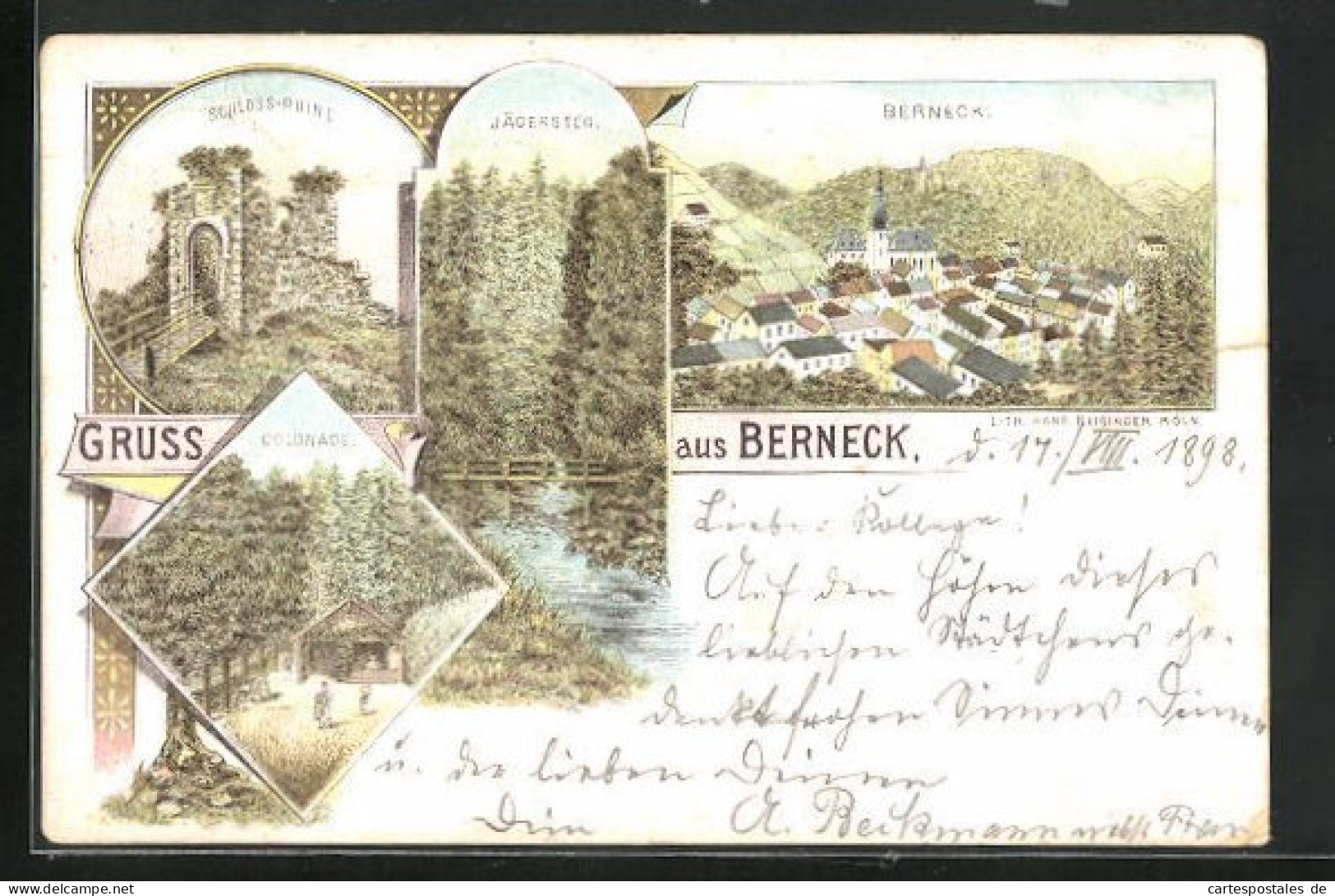 Lithographie Berneck, Colonade, Schloss-Ruine, Jägersteg  - Other & Unclassified
