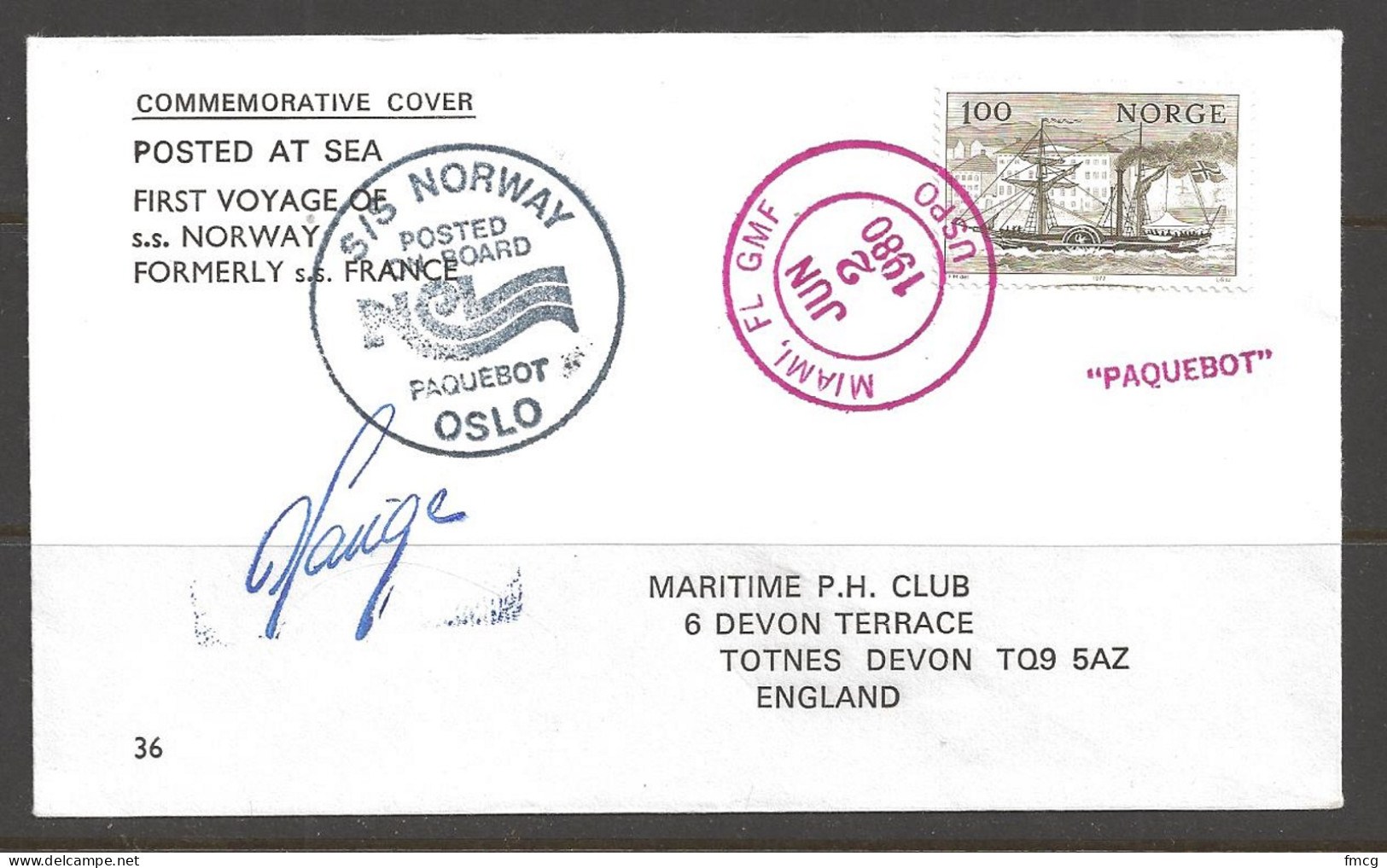 1980 Paquebot Cover, Norway Stamp Used In Miami Florida  - Covers & Documents