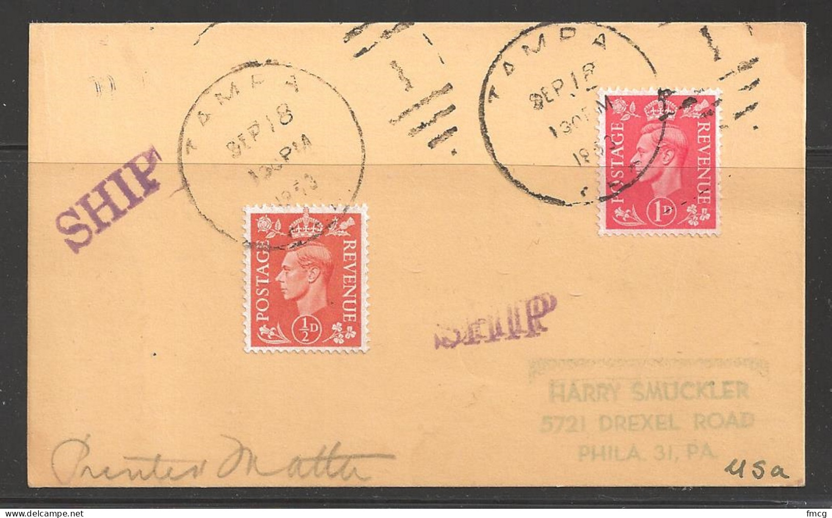 1953 Paquebot Mark British Stamps Used In Tampa Florida, On Card - Lettres & Documents