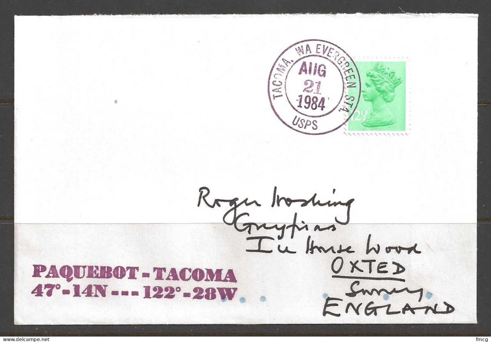 1984 Paquebot Cover, British Stamp Used In Tacoma Washington (Aug 21) - Cartas & Documentos