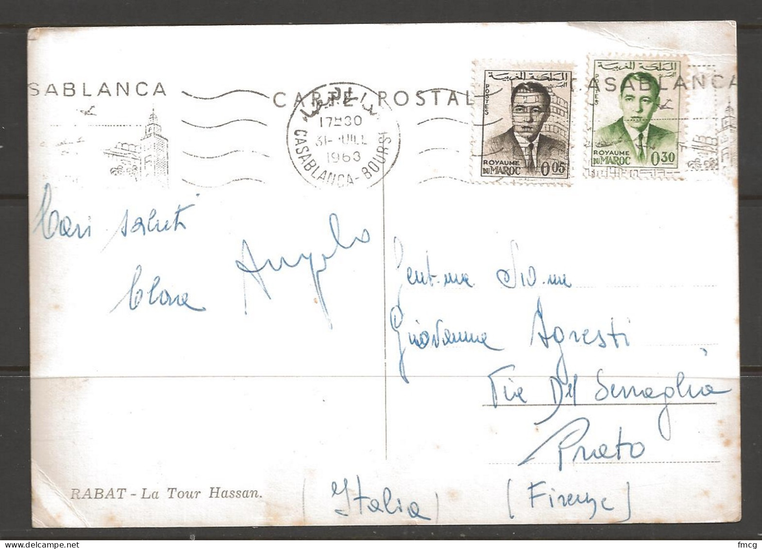 1963 Casablanca, Two King Stamps, 0.05 & 0.30, Pc To Prieto Italy - Maroc (1956-...)