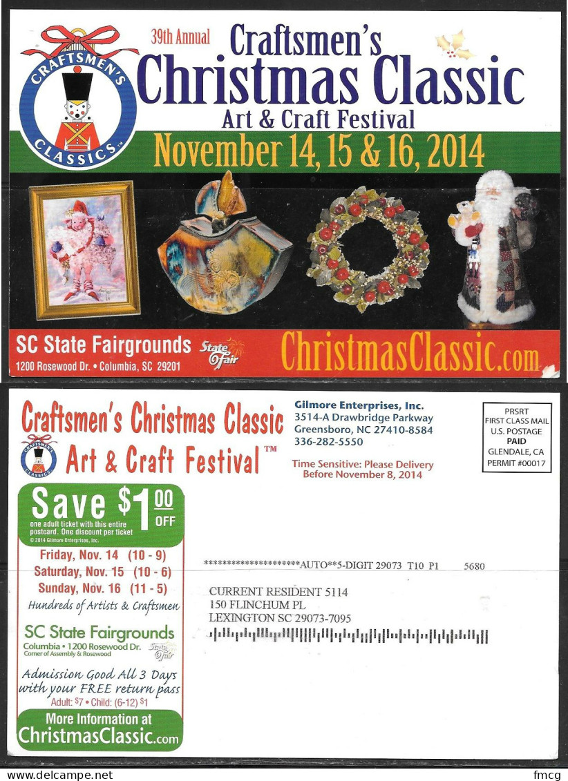 2014 South Carolina, Christmas Craft Fair Advertisement, Mailed - Publicité