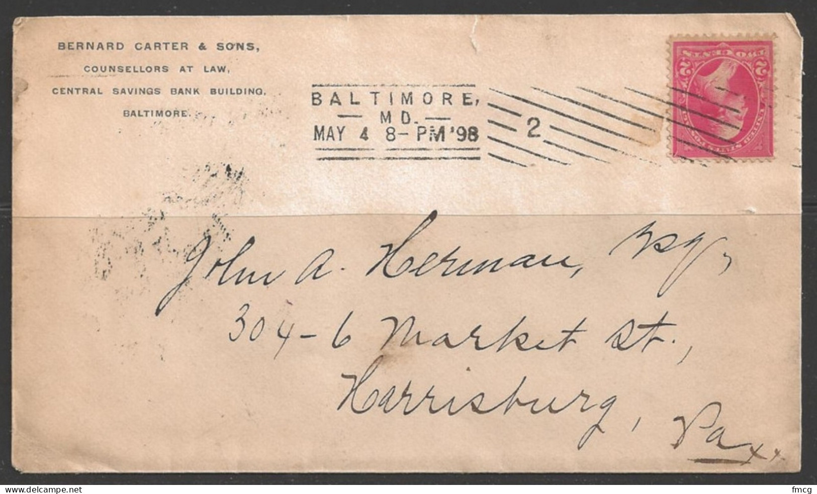 1898 Baltimore MD "2" (May 4) Attorney Corner Card - Cartas & Documentos