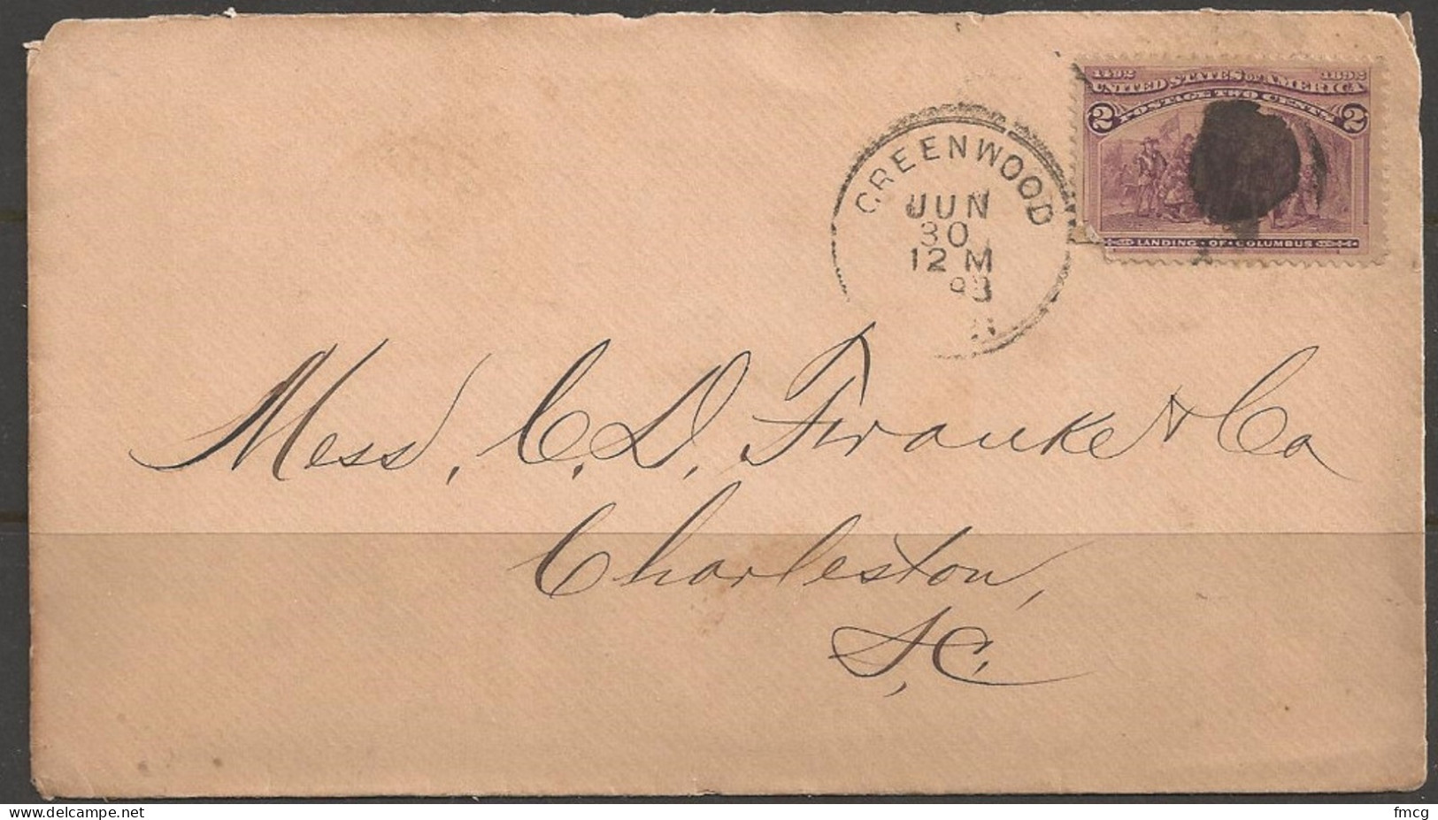1893 Greenwood, South Carolina, Jun 30, 2 Cents Columbian Postage - Covers & Documents