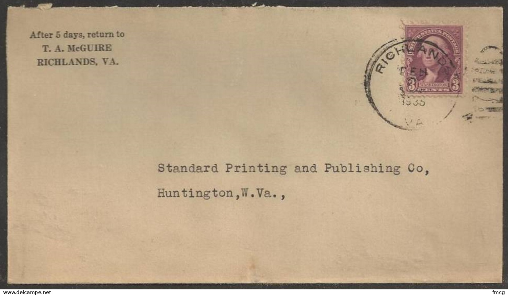 1935 Virginia Richlands Feb 3 Corner Card - Briefe U. Dokumente