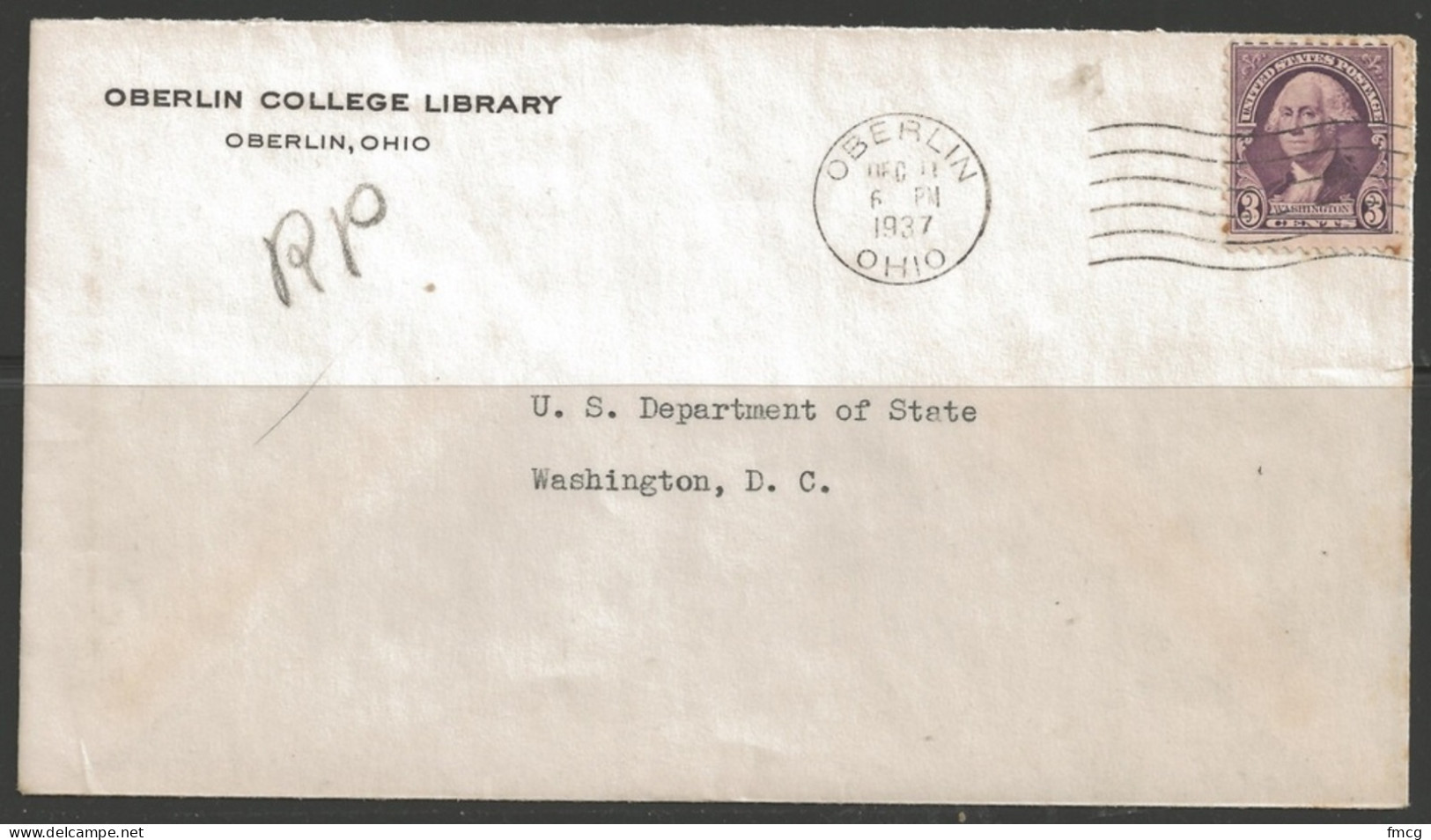 1937 Oberlin Ohio (Dec. 12) College Corner Card - Lettres & Documents