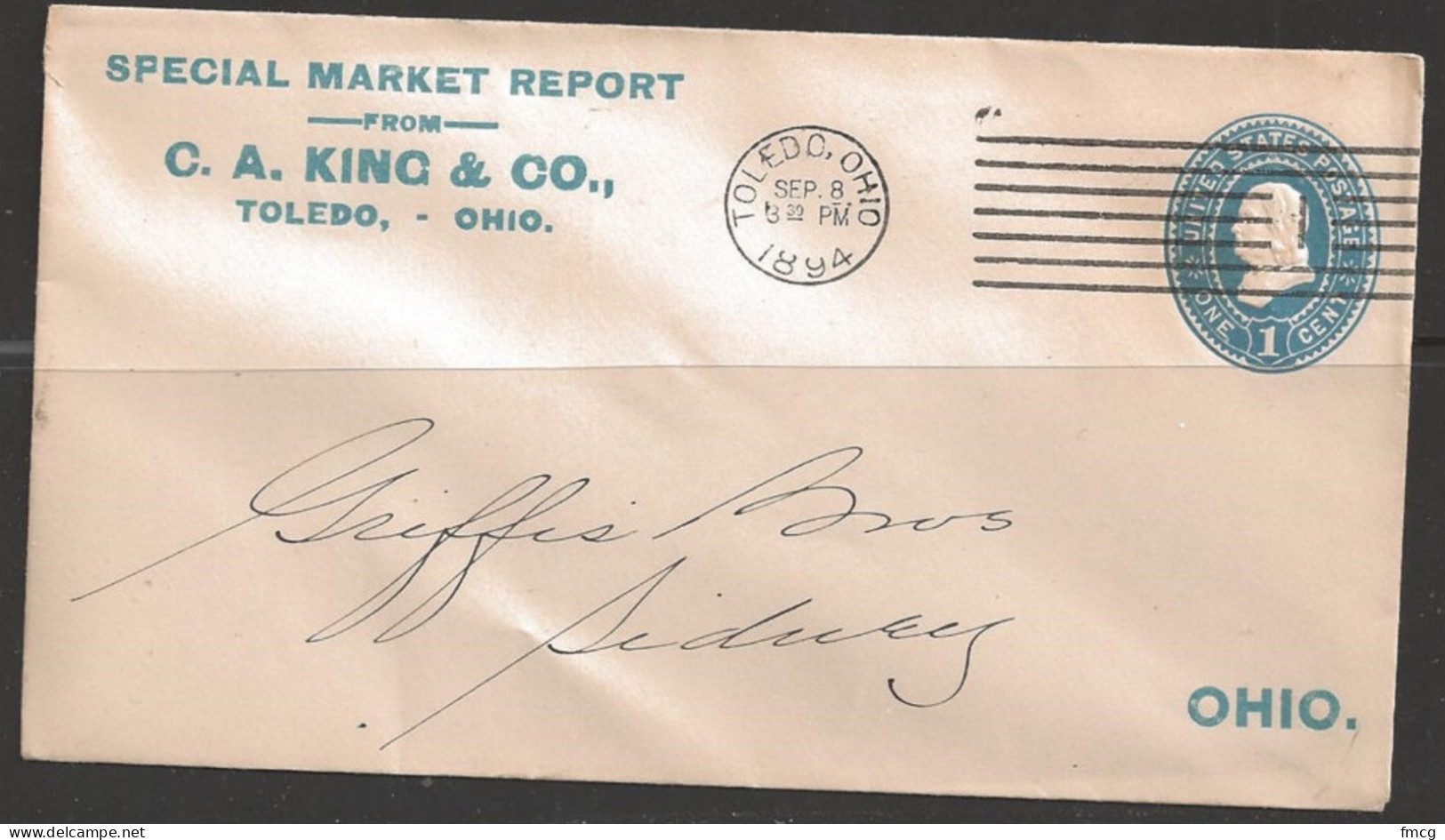 1894 Toledo Ohio, Sept 8, 1 Cent Envelope, Corner Card - Lettres & Documents