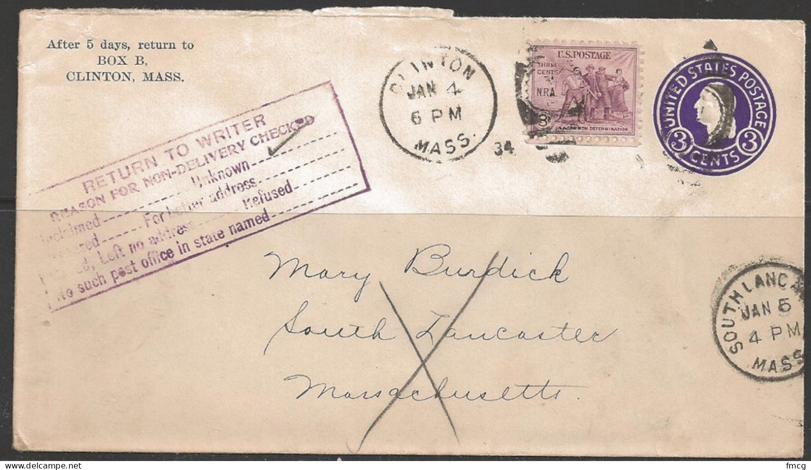 1934 Clinton Mass (Jan 4) "Return To Writer" PO Stamp, So. Laucaster Receiving - Covers & Documents