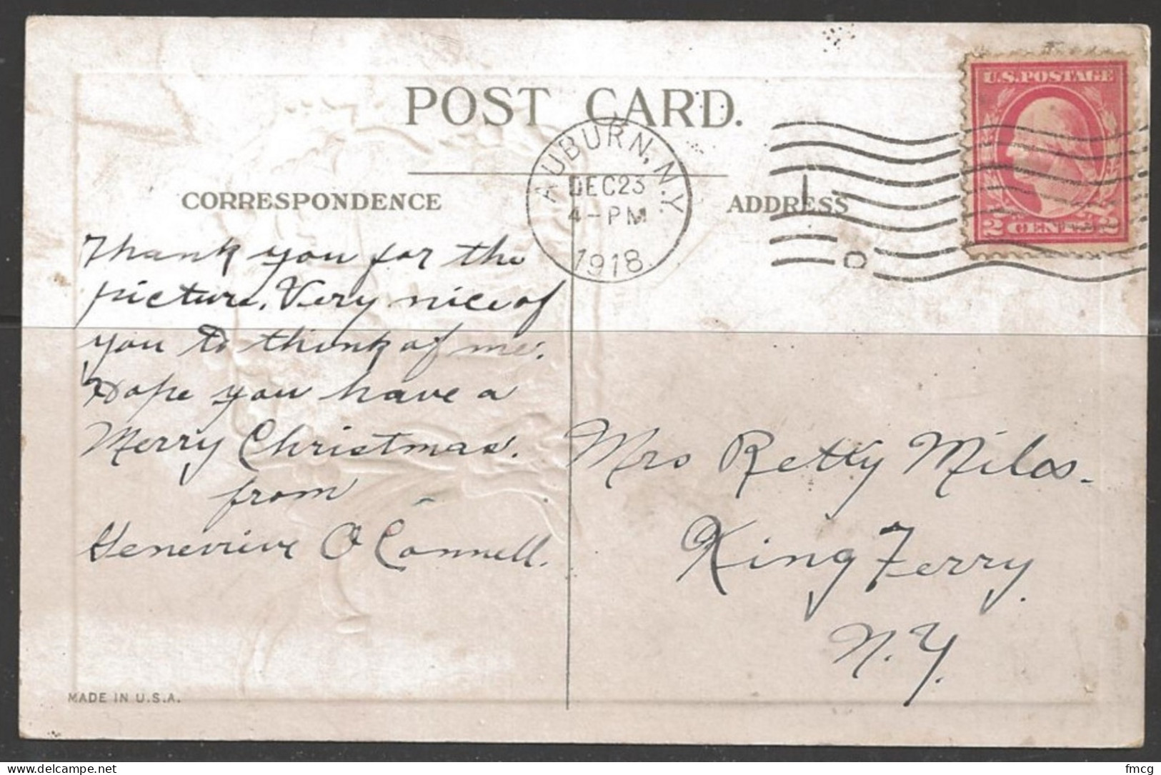 1918 Auburn "C" New York (Dec 23), 2 Cents Washington On Christmas Postcard - Brieven En Documenten