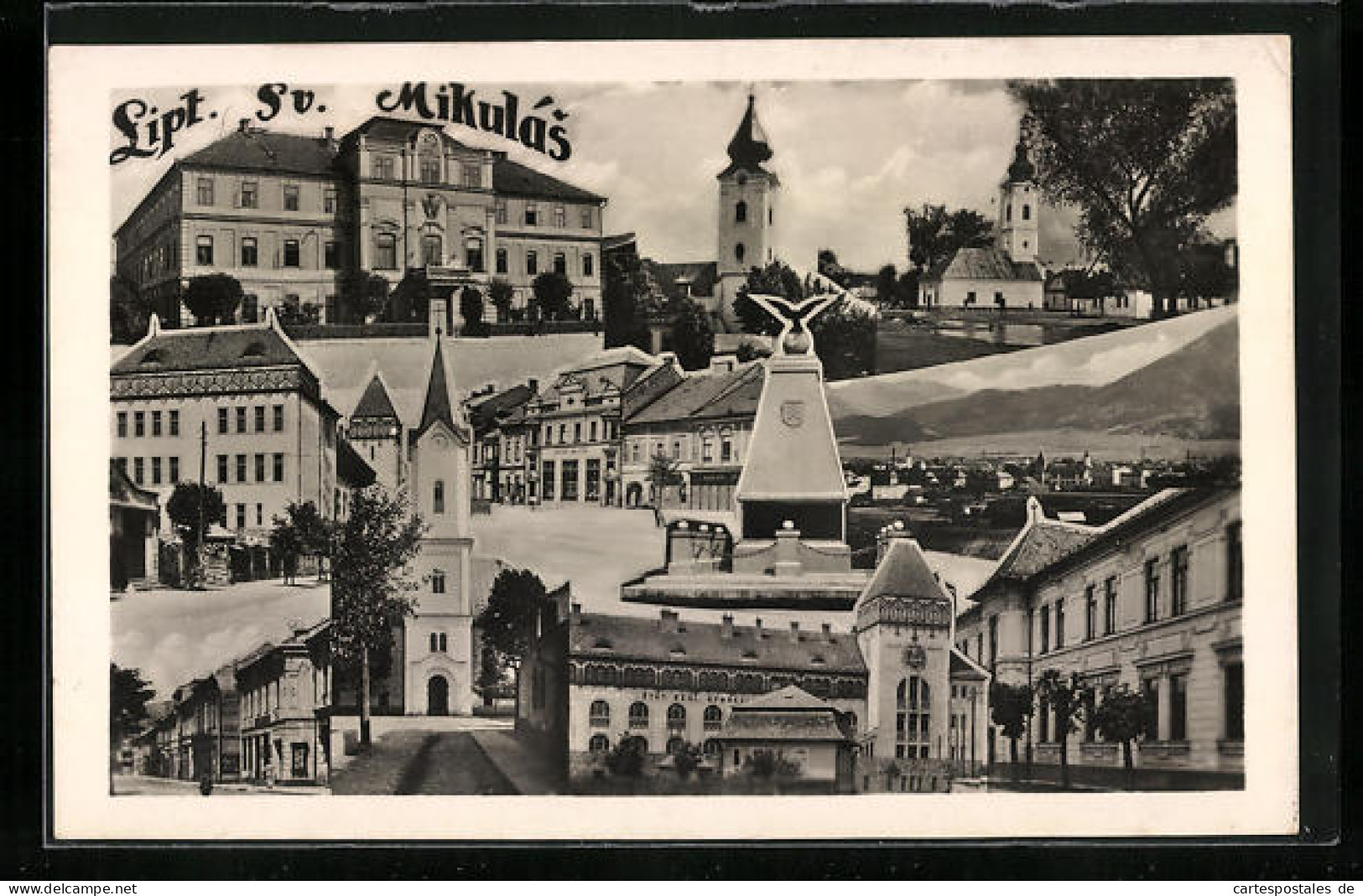 AK Liptovský Mikulás, Ortspartie, Blick Zur Kirche, Denkmal, Strassenpartie Und Gebäude, Fotomontage  - Eslovaquia