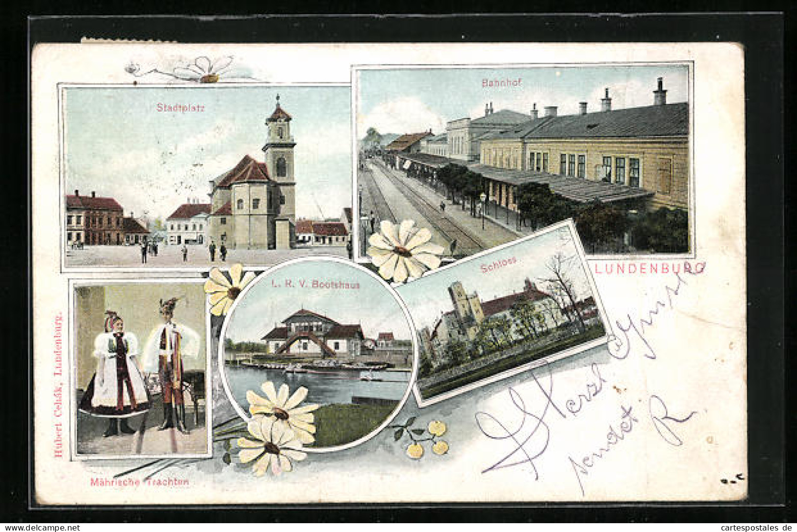 AK Lundenburg, Bahnhof, Stadtplatz, Schloss, L. V. R. Bootshaus, Paar In Mährischer Tracht  - Tschechische Republik