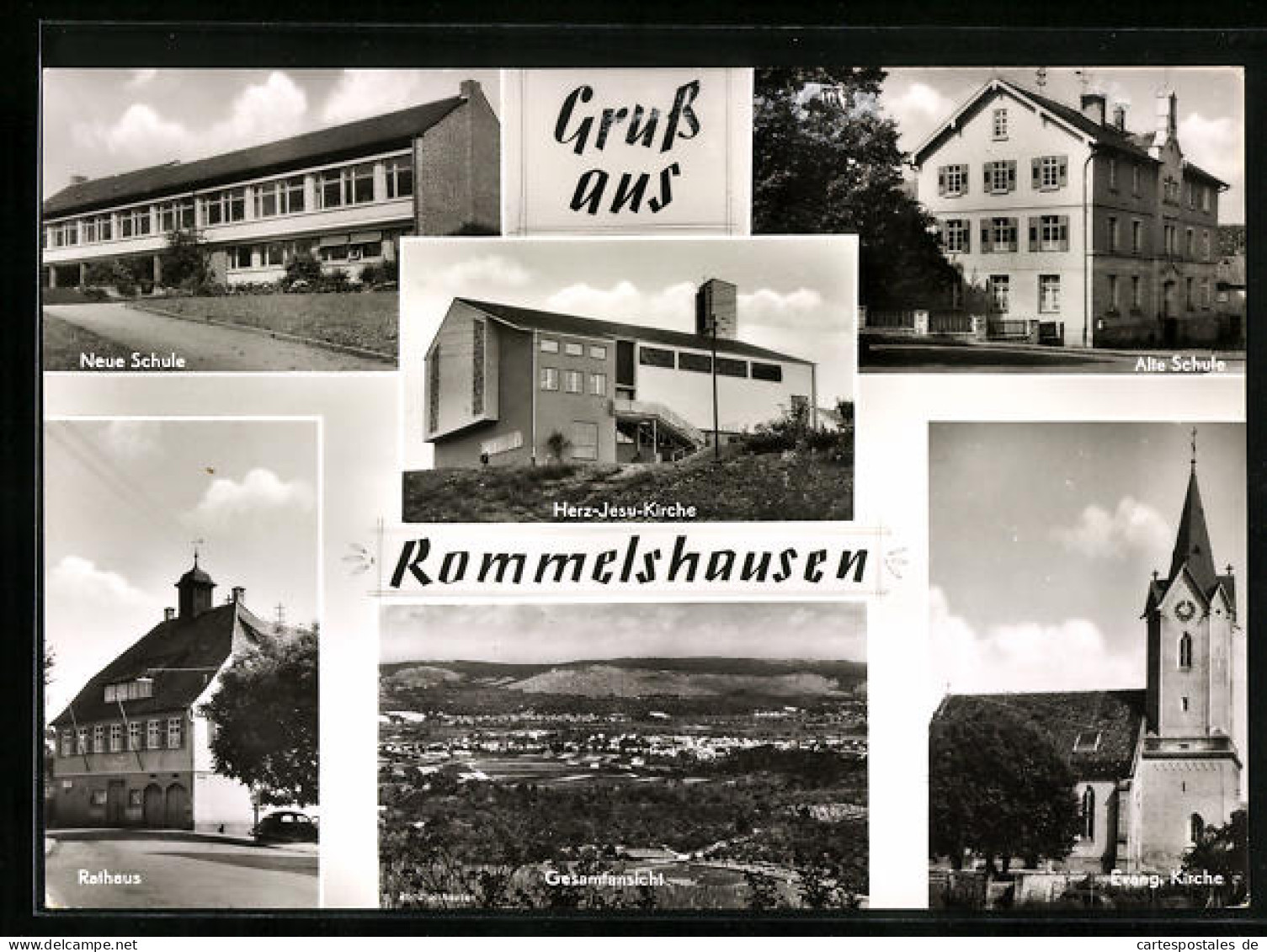 AK Rommelshausen, Herz-Jesu-Kirche, Schule, Rathaus Ortsansicht  - Andere & Zonder Classificatie