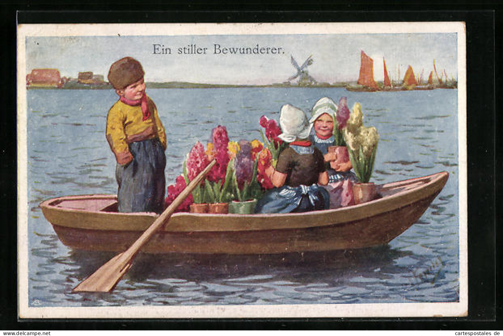 Künstler-AK Karl Feiertag: Zwei Holländerinnen Mit Blumentöpfen Und Mann Im Boot, Im Hintergrund Windmühle  - Feiertag, Karl