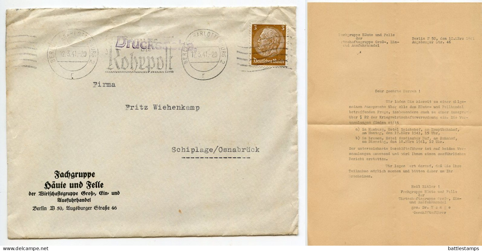 Germany 1941 Cover & Letter; Berlin-Charlottenburg - Fachgruppe Häute Und Felle; 3pf. Hindenburg; Rohrpost Slogan Cancel - Briefe U. Dokumente