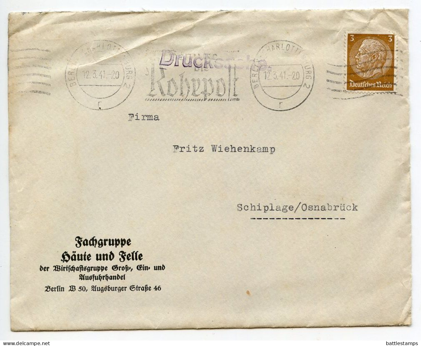 Germany 1941 Cover & Letter; Berlin-Charlottenburg - Fachgruppe Häute Und Felle; 3pf. Hindenburg; Rohrpost Slogan Cancel - Briefe U. Dokumente
