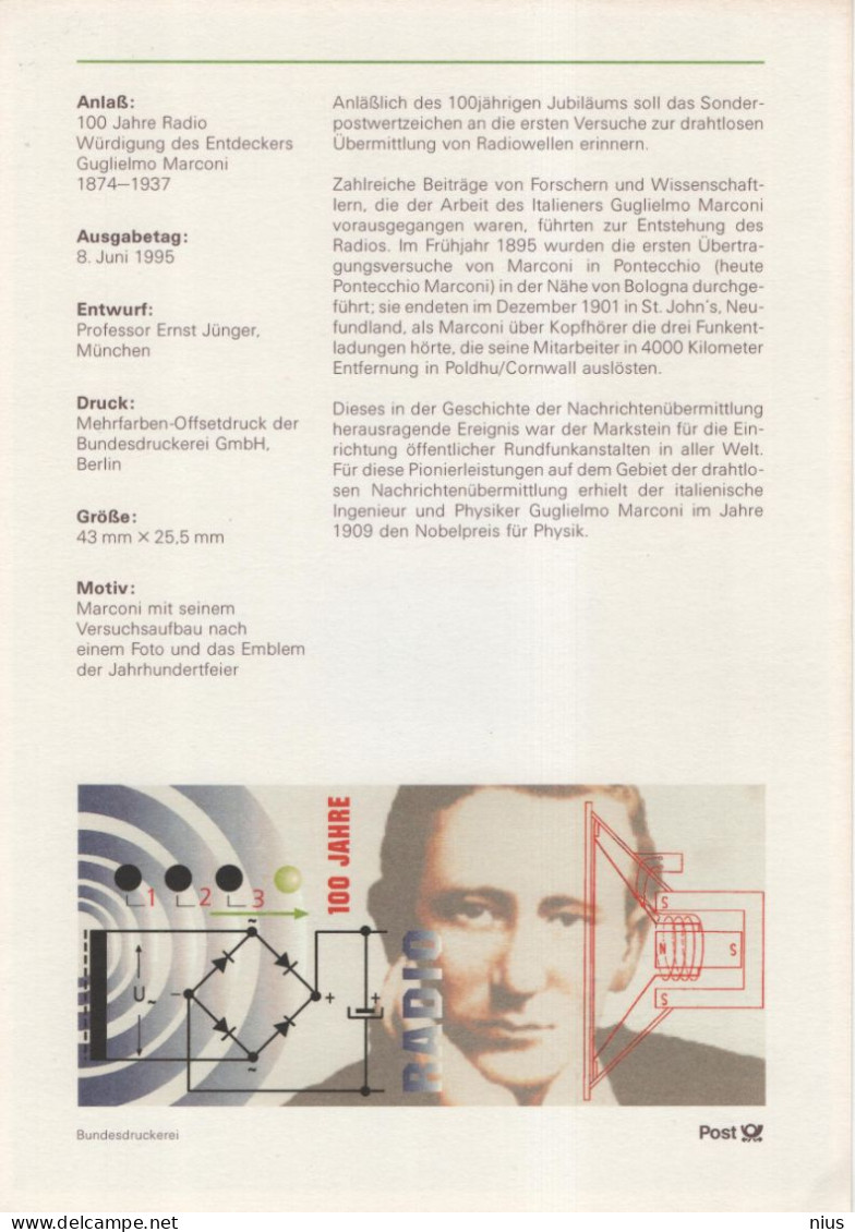 Germany Deutschland 1995-21 100 Jahre Radio, Guglielmo Marconi, Canceled In Bonn - 1991-2000
