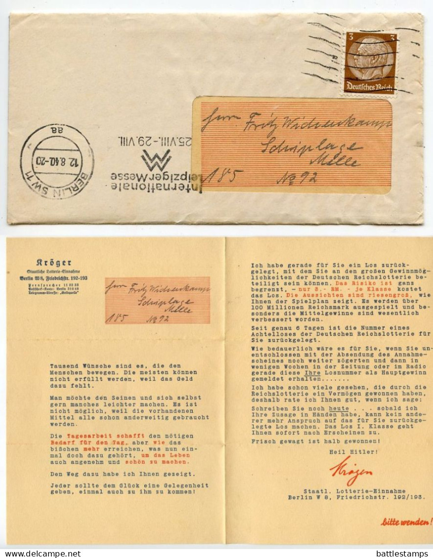 Germany 1940 Cover & Letter; Berlin - Kröger Staatliche Lotterie-Einnahme; 3pf. Hindenburg; Leipzig Fair Slogan Cancel - Storia Postale