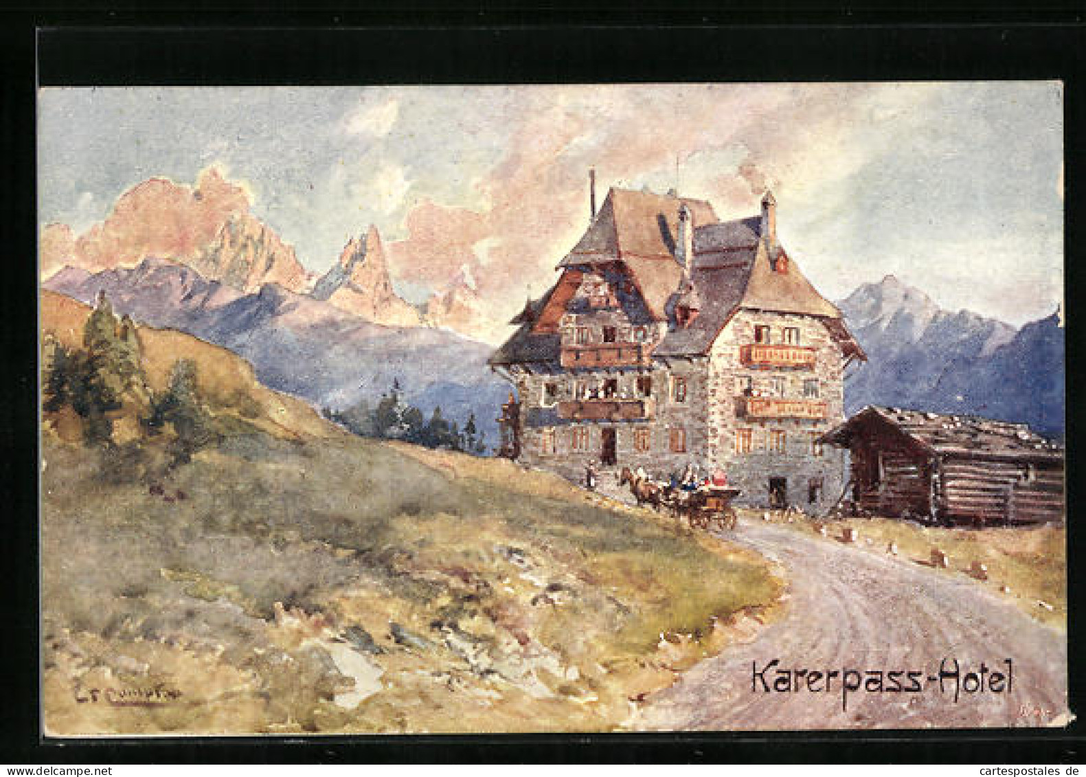 Künstler-AK Edward Theodore Compton: Karerpass, Strassenpartie Mit Hotel Und Pferdewagen  - Compton, E.T.