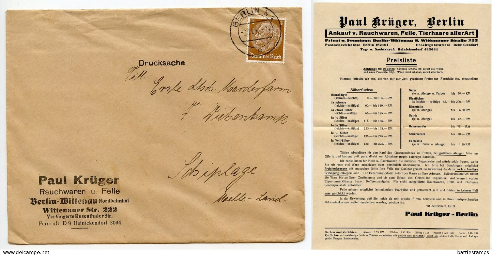 Germany 1936 Cover & Letter; Berlin - Paul Krüger, Rauchwaren U. Felle To Schiplage; 3pf. Hindenburg - Covers & Documents