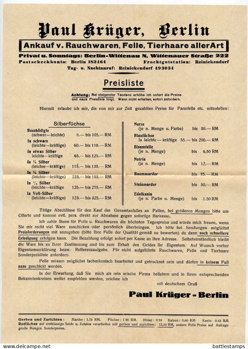 Germany 1936 Cover & Letter; Berlin - Paul Krüger, Rauchwaren U. Felle To Schiplage; 3pf. Hindenburg - Brieven En Documenten