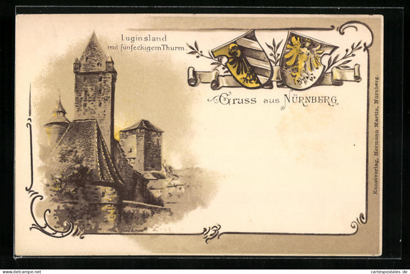 Präge-Künstler-AK Nürnberg, Luginsland Mit Fünfeckigem Turm U. Wappen  - Nürnberg
