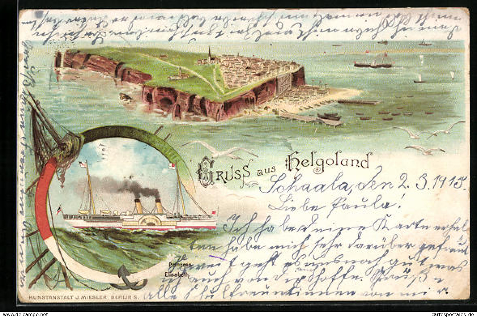 Lithographie Helgoland, Ortsansicht, Dampfer Auf Hoher See  - Helgoland