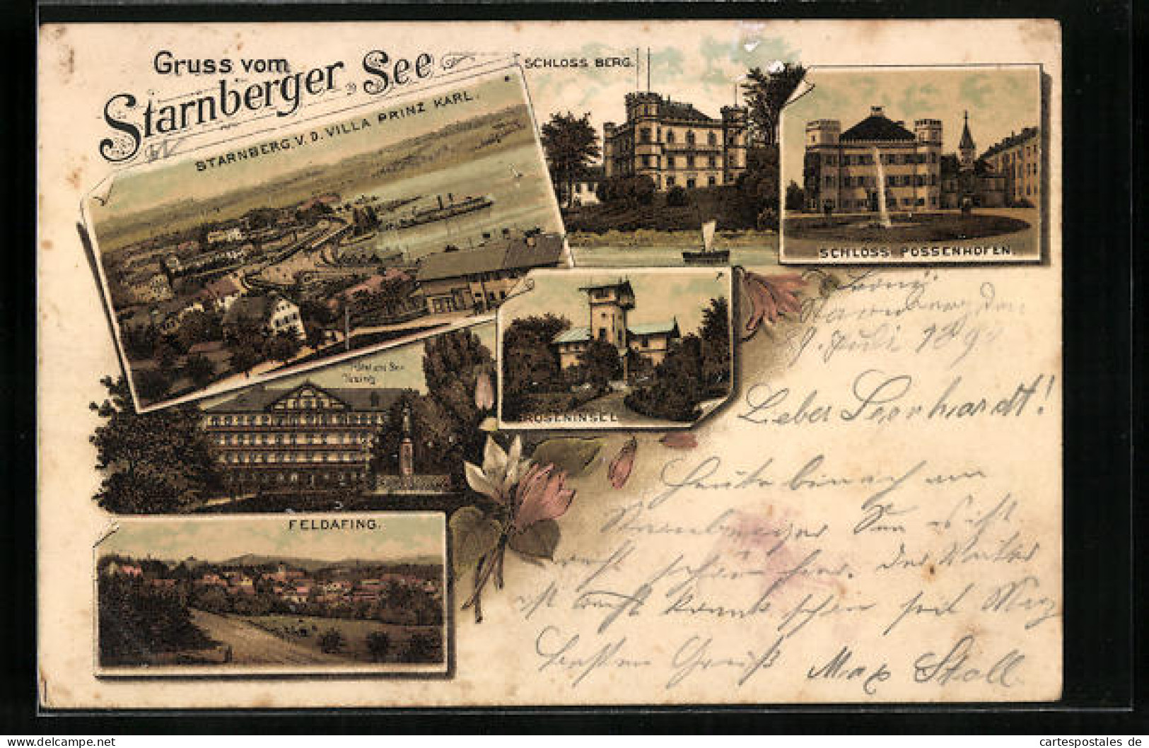 Lithographie Starnberg, Teilansicht U. Starnberger See V. D. Villa Prinz Karl, Hôtel Am See Tutzing, Schloss Berg  - Tutzing