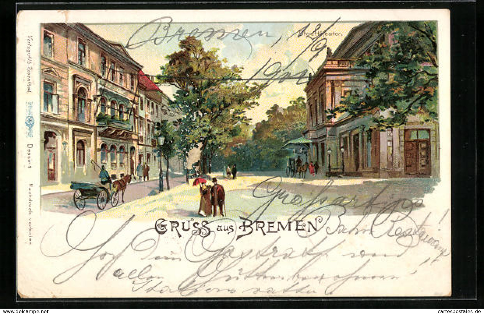 Lithographie Bremen, Strassenpartie Mit Stadttheater Und Pferdewagen  - Teatro
