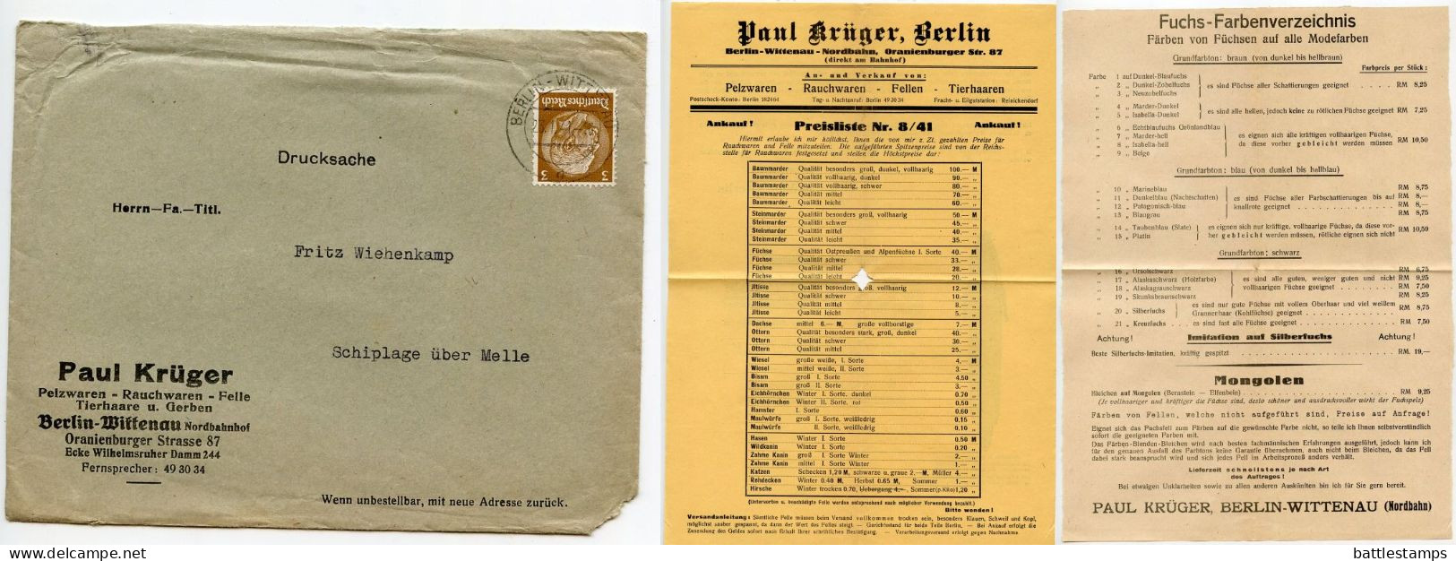 Germany 1941 Cover & Price Lists; Berlin-Wittenau - Paul Krüger, Pelzwaren-Rauchwaren-Felle; 3pf. Hindenburg - Storia Postale