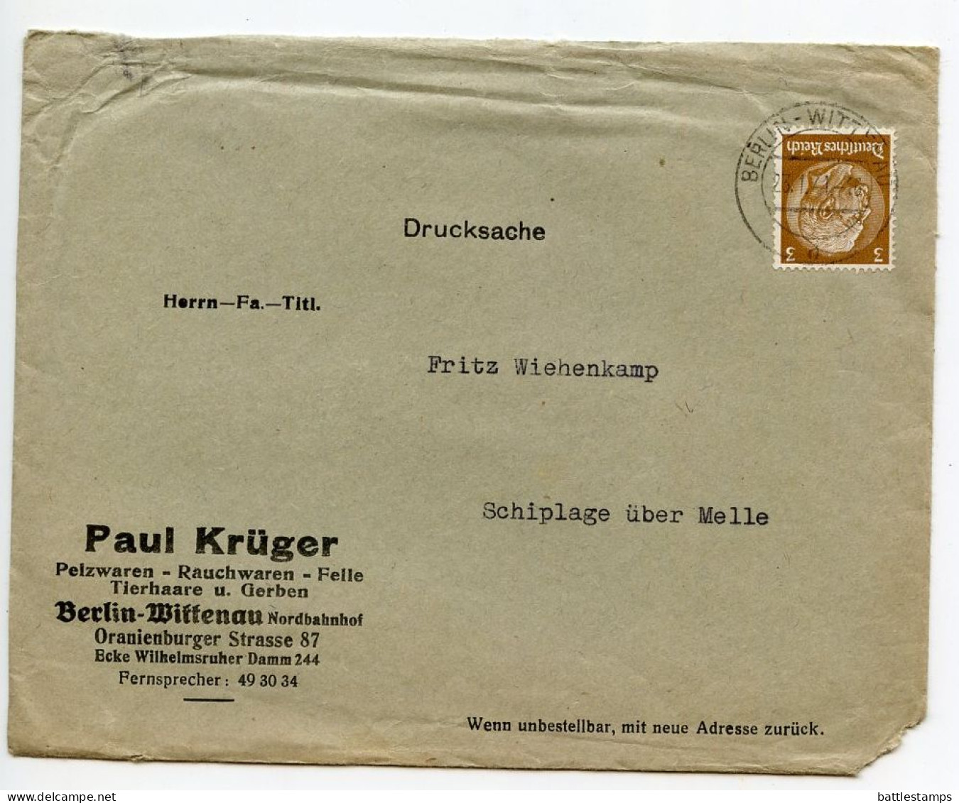Germany 1941 Cover & Price Lists; Berlin-Wittenau - Paul Krüger, Pelzwaren-Rauchwaren-Felle; 3pf. Hindenburg - Storia Postale