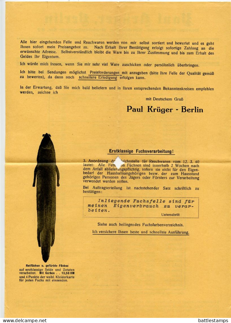 Germany 1941 Cover & Price Lists; Berlin-Wittenau - Paul Krüger, Pelzwaren-Rauchwaren-Felle; 3pf. Hindenburg - Covers & Documents