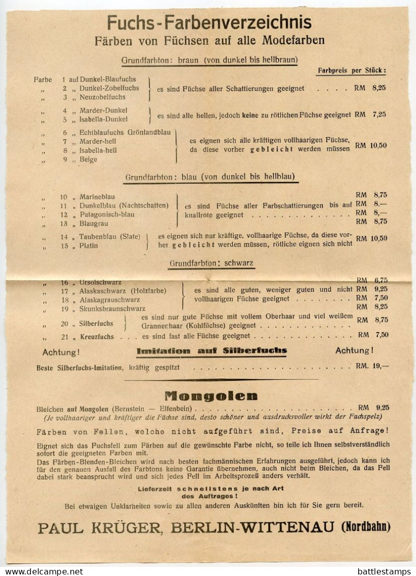 Germany 1941 Cover & Price Lists; Berlin-Wittenau - Paul Krüger, Pelzwaren-Rauchwaren-Felle; 3pf. Hindenburg