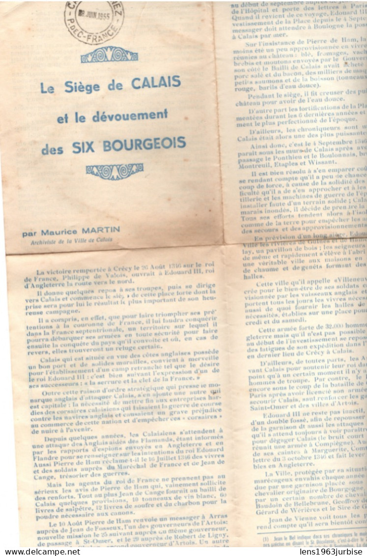 Calais , La Brasserie - Restaurant Beauséjour , Le Siège De Calais Et Le Dévouement Des Six Bourgeois , Maurice Martin ( - Dépliants Turistici